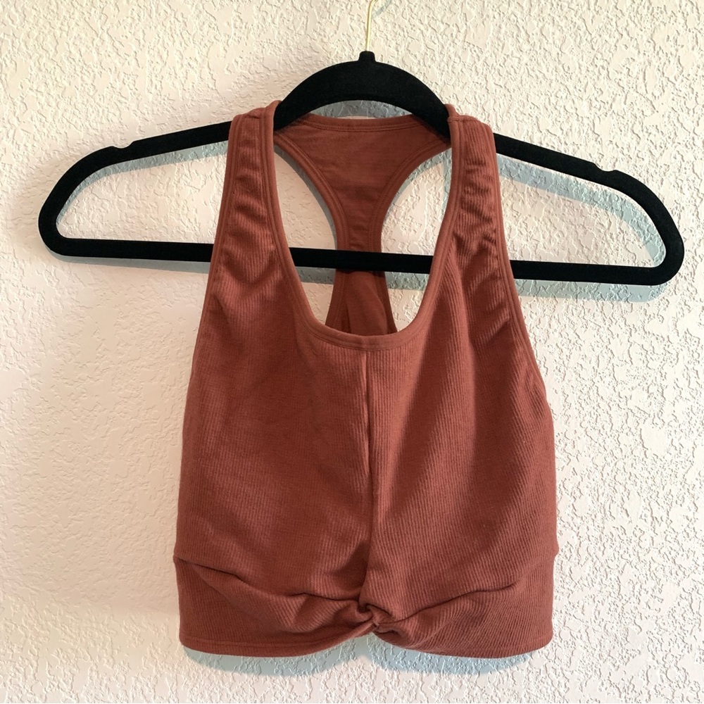 Fabletics Cloud Seamless Knotted Midi Bra Mahogany Large Rust Red Ribbed